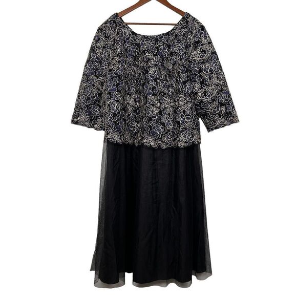 Alex Evenings Womens Gown 22W Navy Gold 3/4 Sleeve Stretch Lace Bodice Mock Gown